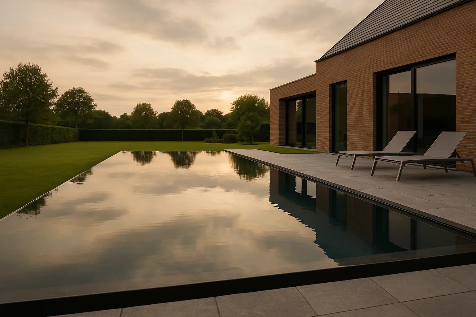 Infinity zwembad in een Belgische privétuin bij avond